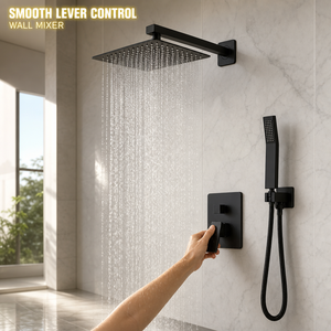 Grifo <span class=keywords><strong>de</strong></span> <span class=keywords><strong>ducha</strong></span> <span class=keywords><strong>de</strong></span> pared con cabezal cuadrado tipo lluvia y rociador <span class=keywords><strong>de</strong></span> mano, mezclador con palanca y desviador, negro mate, venta al por mayor <span class=keywords><strong>de</strong></span> fábrica - Product Image 3