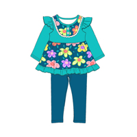 Vêtements pour enfants en gros, ensembles d'été, style européen et américain, tissu en soie de lait, tenues pour filles, fleurs roses à l'aspect d'encre, gris-bleu
