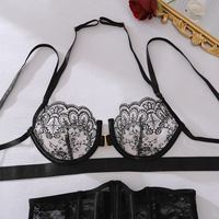 Set Lingerie 5-Piece New Eyelash Lace untuk Wanita dengan Bra Berkawat, Garter Belt, Leg Ring, Sarung Tangan, Seksi dan Nyaman