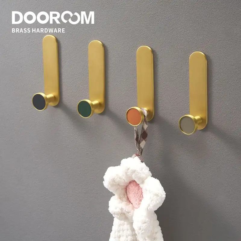Dooroom Brass Real Leather Punch-Free Glue Stick Cabinet Handles Bearing Hooks Bathroom Indoor Kitchen Hallway Wall Clothes Hook