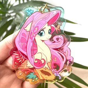 Creative 3D Glitter Epoxy Colored Charms Clear Double Sided Printing Keychain Holographic Holo Rainbow Acrylic Keychain