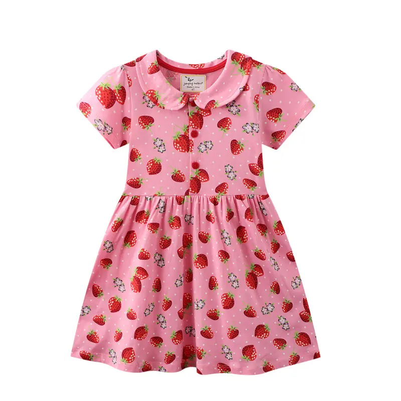 Vêtements boutique pour filles, robe en coton tricotée à manches courtes, vente en gros, vêtements pour enfants de 2-7 ans, impression complète de fraise