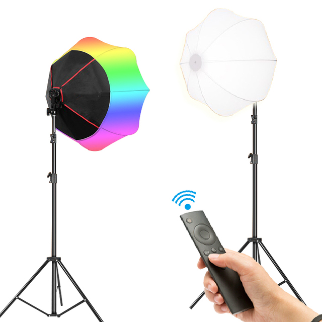 Remote LED RGB Photography Lighting Kit with Lantern Soft Box Dimmable Studio Continuous Output Lighting 3200K-5600K