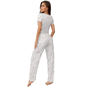 Conjunto de pijama con estampado Floral transpirable de verano para mujer, ropa de casa de punto con cintura elástica y cuello en V de manga corta para Europa - Product Image 4