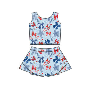 Tenue de sport personnalisée ODM pour l'été, motifs 4 juillet, en coton et élasthanne, bord festonné, pour enfants, filles, robes, shorts et robes de yoga pour sœurs - Product Image 3