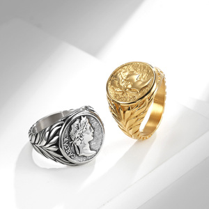Rome Empire Caesar Face Rings Acero inoxidable 18K Oro Punk Hip Hop Caesar Head Coin Anillo de plata para hombres Mujeres - Product Image 1