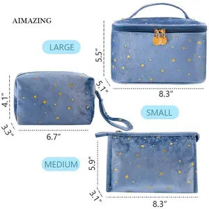 Blauw Draagbare Make-Up Geval Grote Fluwelen Cosmetische Tas Luxe Toiletartikelen Tas Custom Unisex Toilettas Case