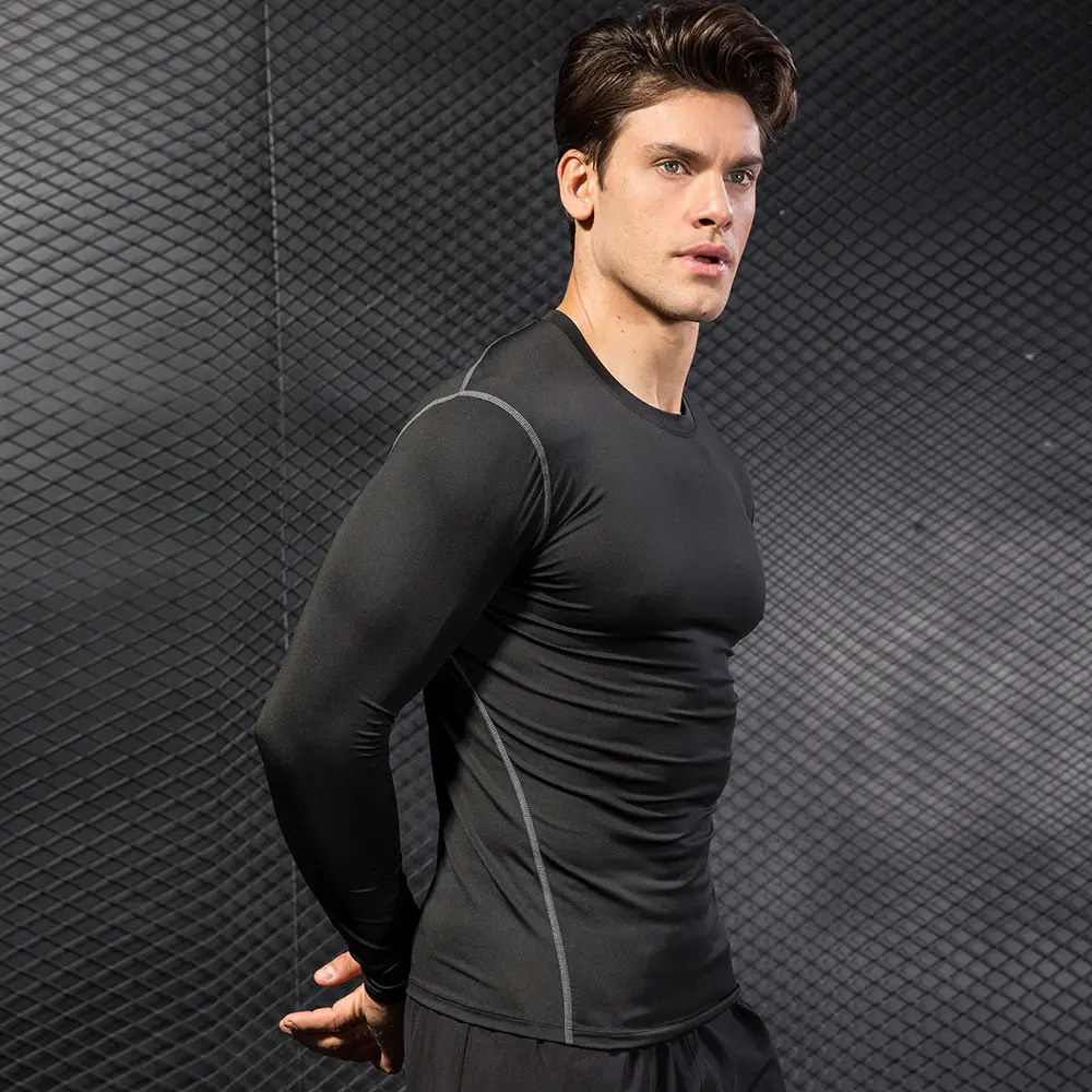 Workout Athletic Gym Fitness Polyester Quick Dry Fitted Long Sleeve Shirts Men Clothing