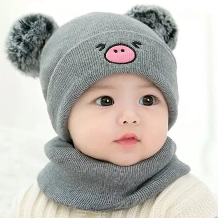 2 조각 아기 모자 소년 Beanies 따뜻한 모자 어린이 모자 세트 단색 플러시 공 아기 소녀 모자와 스카프 모자 겨울 아기