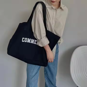 Logo personnalisé écologique surdimensionné coton toile sac fourre-tout femmes mode Style lettre motif sangle poignée fermeture éclair Shopping - Product Image 1
