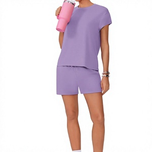 Women's 2 Piece Solid Purple Shorts <b>Set</b> Casual O-Neck Short Sleeve Knitted Cotton Loose Fit Daily Wear Summer Outfit <b>Sets</b> Women - Product Image 1