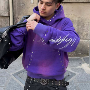 Unisex Black Hooded <b>Sweatshirt</b> Acid Wash Rhinestone Eco-Friendly <b>Vintage</b> Streetwear Style Oversized Fit Regular Sleeve Knitted - Product Image 5