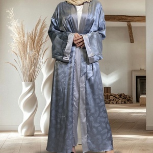 Super Sale 9.9USD Abaya Fashion Feather Print Smooth Satin Loose Cardigan Women Open Abaya <b>Kaftan</b> Islamic Clothing 1948# - Product Image 5