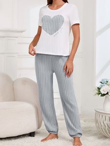 <span class=keywords><strong>Pijama</strong></span> de dos piezas para <span class=keywords><strong>mujer</strong></span>, de <span class=keywords><strong>manga</strong></span> <span class=keywords><strong>corta</strong></span>, cintura elástica, pantalón <span class=keywords><strong>largo</strong></span>, estilo dulce y amoroso, ropa de casa suave y cómoda para otoño. - Product Image 6