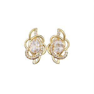 Orecchini a forma di fiore dorato con strass di cristallo in oro 18 carati per gioielli romantici da donna - Product Image 1