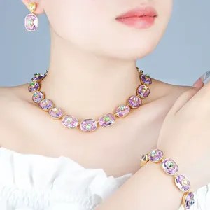 Fashion Designer Oval Iridescent Zircon Jewelry <b>Set</b> Gold Plated Brass Necklace <b>Bracelet</b> Earrings for Women Wedding Party Gift - Product Image 1