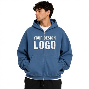 Custom Oversized Heavyweight Zip Up Hoodie Rib Cuff Drawstring Hood Factory Price Wholesale Supplier - Product Image 1