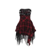 Halloween Damen Neues Sexy Gothic TV & Film Rotes Dunkles Kariertes Schlauchkleid Trägerloses Gewebtes Freizeit-Cosplay für Partys