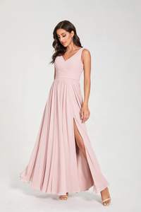 ורוד צווארון V שרוולים שושבינה שמלה אדום ארוך סקסי פיצול שיפון שמלה שחור פורמליות Vestidos דה גאלה כחול אונליין חצאית - Product Image 4