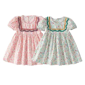 Green Horizon Summer New Style Baby Girls Dress Fashion Kids Wear Puff Sleeve Square Neck Lace Floral Princess Children Clothing