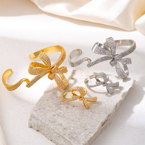Butterfly Bow Bracelet Gold Silver Micro Inlay Open <b>Bangle</b> Women's Party Gift Jewelry <b>Set</b> - Product Image 4