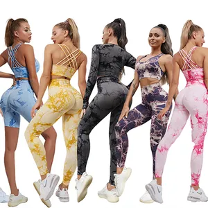 New Design Women Gym 4PCS Seamless Long Sleeve Crop Top And High Waist Pants Set Ribbed Fitness Yoga Wear Tie Dye Yoga Sets