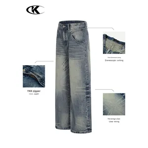 11KN Manufacturer Custom American-style Whiskered Denim <strong>Jeans</strong> <strong>Men</strong> Vintage Medium Wash Blue Faded <strong>White</strong> Loose-fit Casual Trousers - Product Image 2