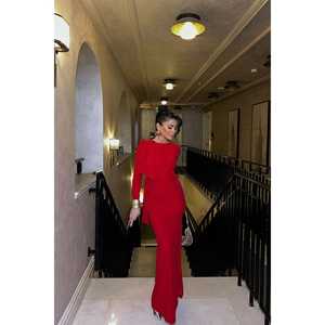 Vestido de Gala Rojo con Lazos, Tirantes Finos, Largo hasta el Suelo, Estilo de Fiesta para Novias, Tallas Grandes, Decoración Drapeada, Suministro ODM - Product Image 4