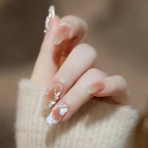 <span class=keywords><strong>Uñas</strong></span> postizas suaves con diseño de mariposa, color nude naranja, estilo ataúd con brillo, 24 piezas, arte de <span class=keywords><strong>uñas</strong></span> delicado, estilo ABS Ins - Product Image 2