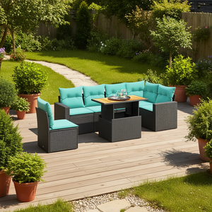 Set di divani da giardino in polyrattan, 7 pezzi, nero con cuscini, mobili da esterno eleganti - Product Image 2