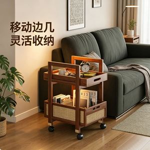 Movable Side <b>Table</b> With Wheels Wood Top Vintage Style Trolley <b>Bedside</b> Shelf Coffee <b>Table</b> <b>Small</b> <b>Table</b> - Product Image 4