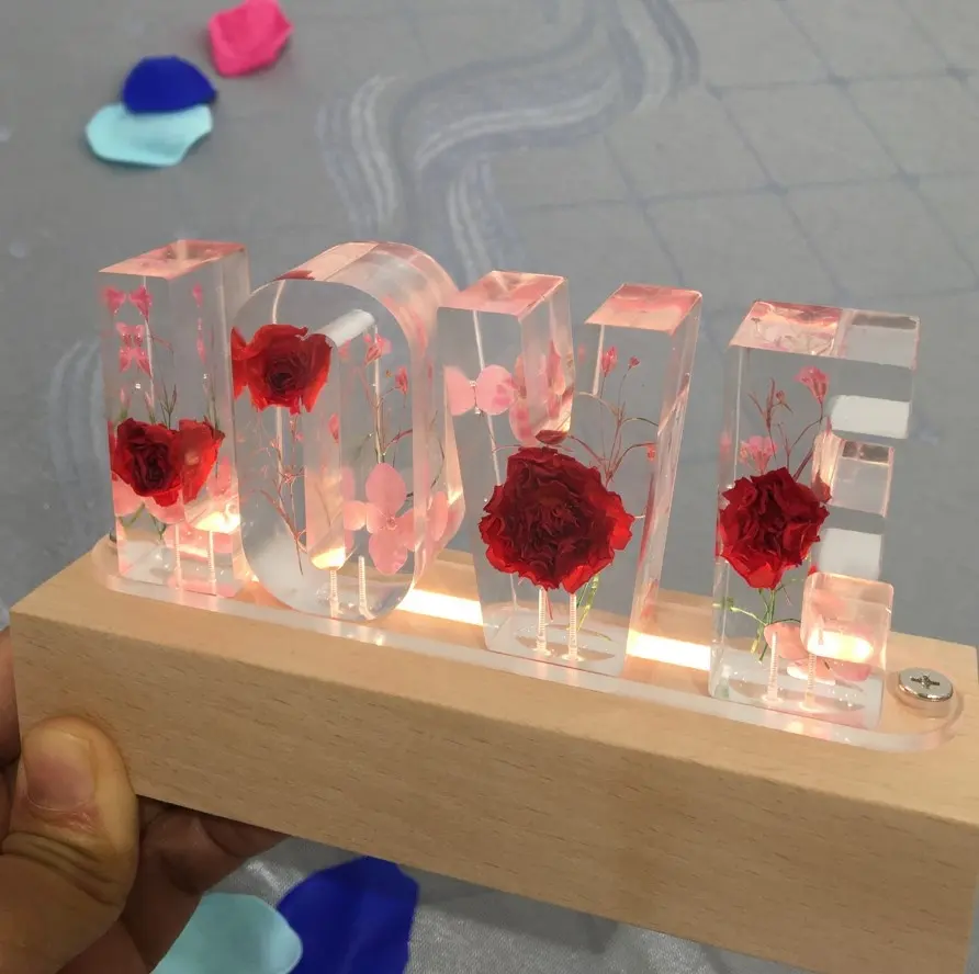 Advertising 3D night light LOVE letter Preserved flower dried flower bedside LED resin lamp Valentine Mother Day birthday gift