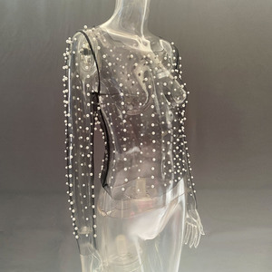 2024 Perspective chemises Blouse <span class=keywords><strong>femme</strong></span> <span class=keywords><strong>femme</strong></span> haut court brillant perle perles à manches longues haut fête gaze couverture <span class=keywords><strong>mariage</strong></span> <span class=keywords><strong>veste</strong></span> - Product Image 3