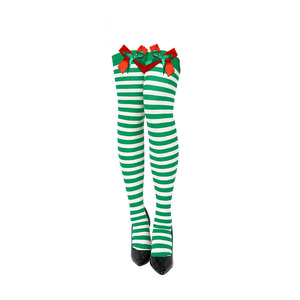 Bas de Noël montants jusqu'aux cuisses, rayés rouge et vert avec nœud et pompon, cadeau pour femme - Product Image 4