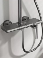 Ensemble de douche mural tout cuivre avec mitigeur céramique, fonction pluie, pause et massage, pistolet de douche pressurisé, finition gris brossé doré, avec glissière