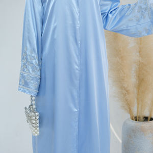  Uzun müslüman elbisesi islam giyim bayan giyim saten açık Abaya boncuklu kollu hırka Abaya Dubai düğmeleri ile - Product Image 5
