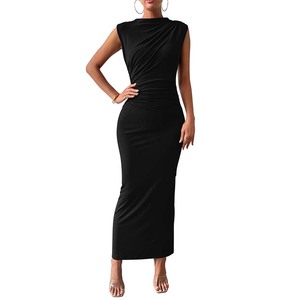 Abito lungo da donna nero aderente con drappeggio, estivo, casual, senza maniche, leggero, con spacco, elegante, per cocktail, matrimoni o occasioni speciali - Product Image 1
