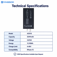 Batterie de remplacement pour iPhone 15, 3349 mAh, 3,876 V, batterie Li-ion, accessoires de réparation de téléphone, vente en gros, usine