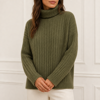 Maßgefertigter Damen-Rollkragenpullover in Olivgrün, Gerippter Strickpullover mit Hohem Kragen und Langen Ärmeln, OEM ODM Fabrik Großhandel Winter