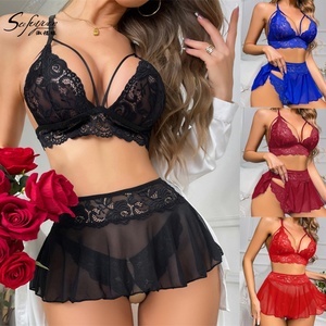 Nouvelle Lingerie Sexy 2025 – Ensemble Soutien-Gorge et Culotte en Dentelle Transparente 3 Pièces avec Jupe Sans Entrejambe – Sous-vêtements Féminins Sexy - Product Image 2