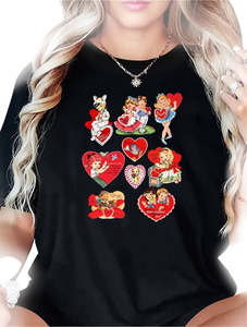 T-shirt con stampa a cuore per San Valentino, da donna, a maniche corte, girocollo, casual, per le vacanze, in morbido tessuto jersey traspirante - Product Image 1