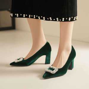7188N-172 Slip-On Solid Comfort Pumps Square Toe <b>Block</b> Heel Velvet Rhinestone Decor Formal Women's Shoes - Product Image 2