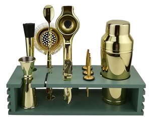 Ensemble de barman de 11 pièces en acier inoxydable avec support en bambou, ensemble de bar à cocktails parisien, support en bois - Product Image 3