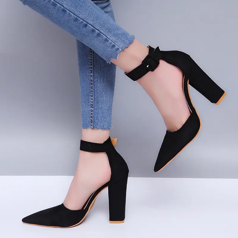 Fashion 2022 Women Big Size Thick Heel High Heels Pointed Buckle Single Shoes for Ladies