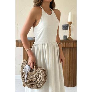 Vestido de Lino con Cintura Elástica y Espalda Descubierta, Corte en A, Transpirable, Tejido, Informal para Uso Diario - Product Image 2