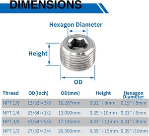 3/8 "NPT nam cắm 304 thép không gỉ nội bộ Hex chủ đề ống cắm Hex chìm đầu cắm ổ cắm ống phù hợp - Product Image 3