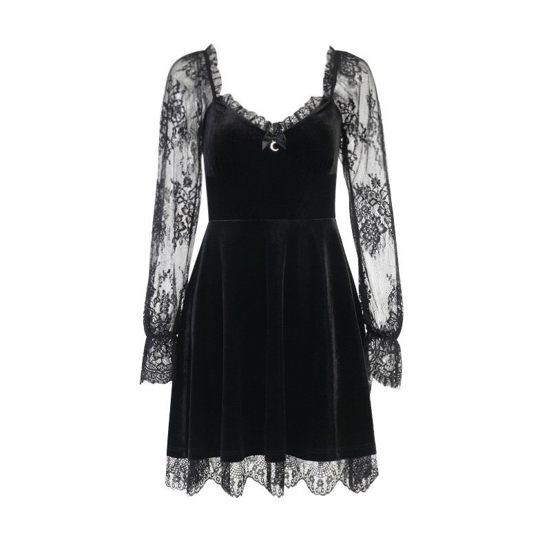 Gothic Black Lace Hollow Out Dress - High Waist Long Sleeve Mini Dress for  Halloween Parties & Punk Aesthetic Outfits