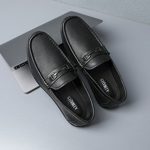 AIBOIS Mocassins pour hommes à bout rond en cuir véritable, chaussures de bureau confortables, semelle en caoutchouc noir - Product Image 2