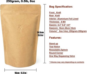 Bolsa de café de papel Kraft Lingjie, bolsa de papel de aluminio, bolsa de café de fondo plano con válvula de bloqueo de cremallera de fondo redondo - Product Image 6