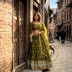 Green Embroidered Collarless Short <b>Top</b> Georgette Satin <b>Lehenga</b> Set Traditional Indian Women Outfit Dupatta Wedding Party Dress - Product Image 1